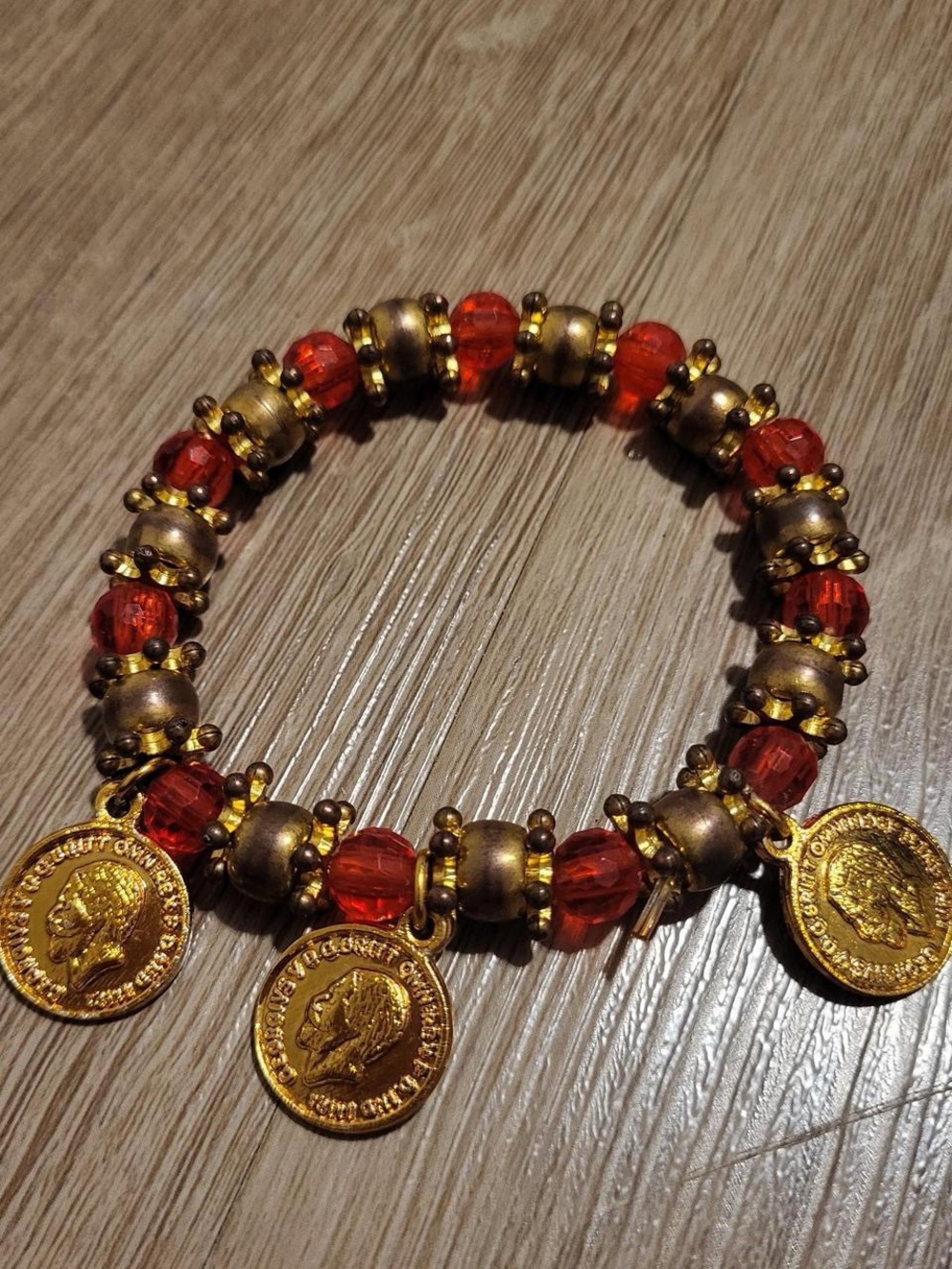 Gold and Red Beaded Coin Charm Bracelet - Women Jewelry
